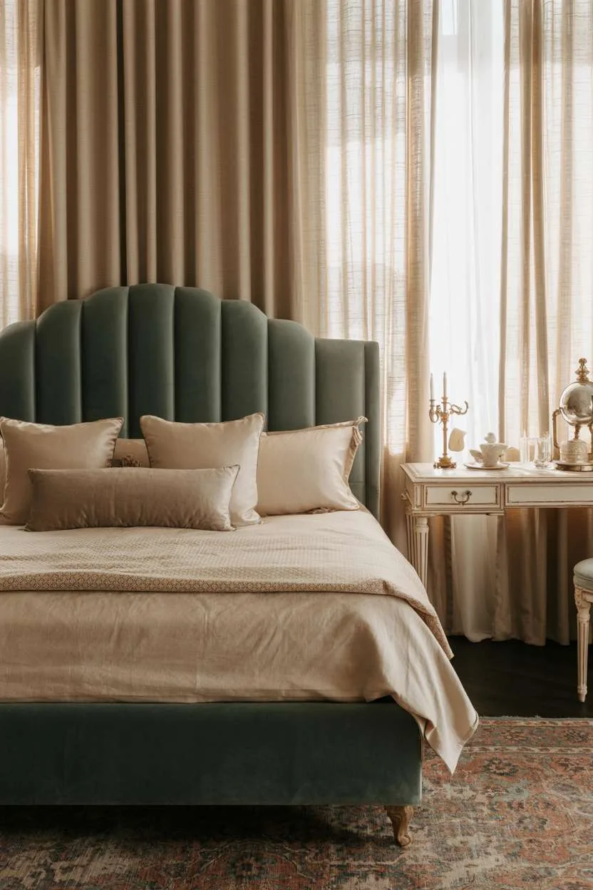King-sized bed with dark teal velvet headboard, cream linens, and Persian rug