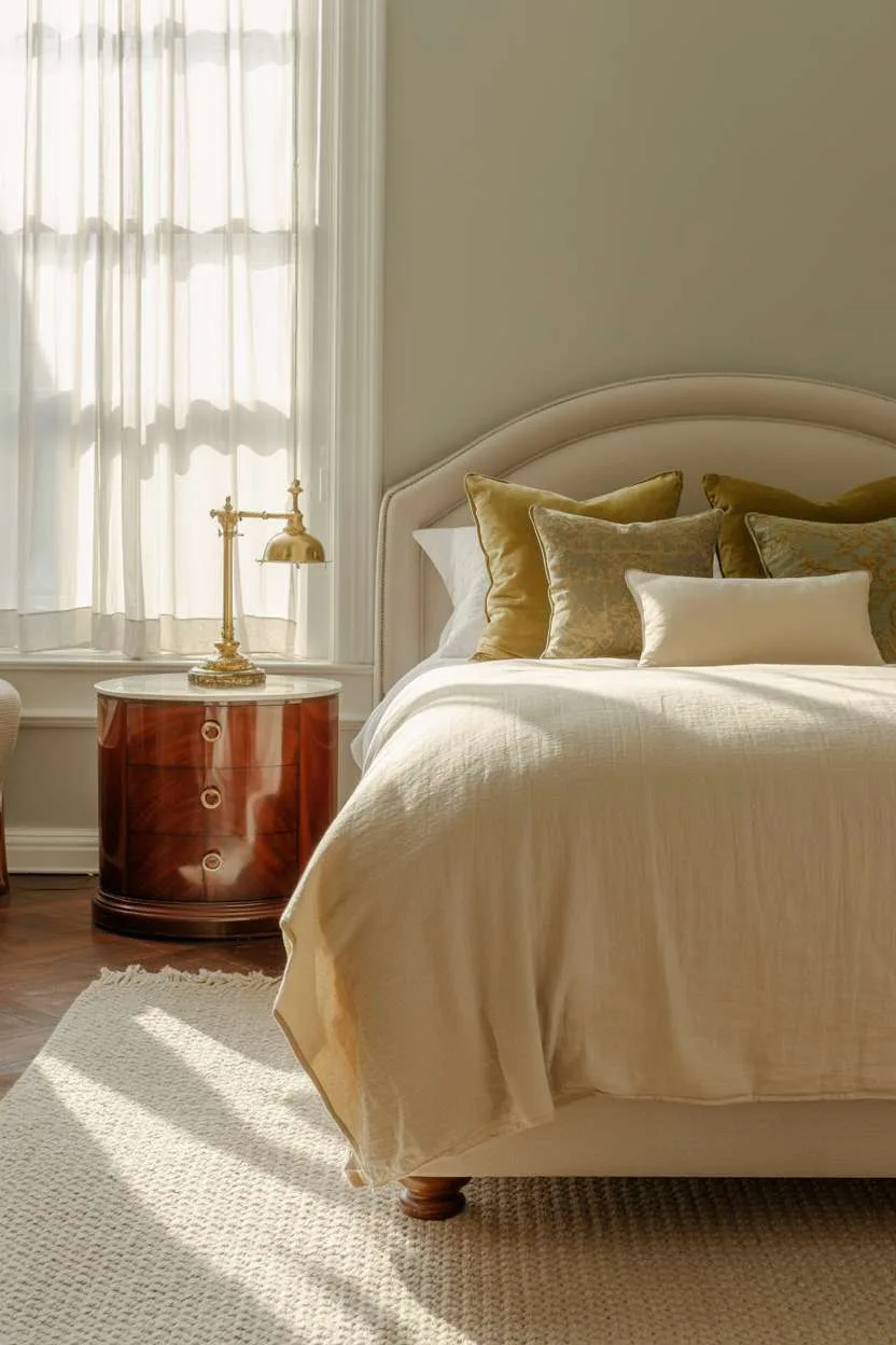 Cream linen bedding with gold and olive pillows, mahogany nightstand, and geometric wool rug