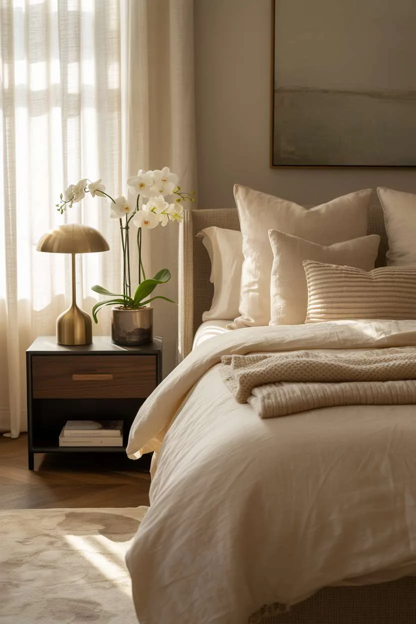 King-sized bed with white linens, dark wood nightstand, brass lamp, and single white orchid