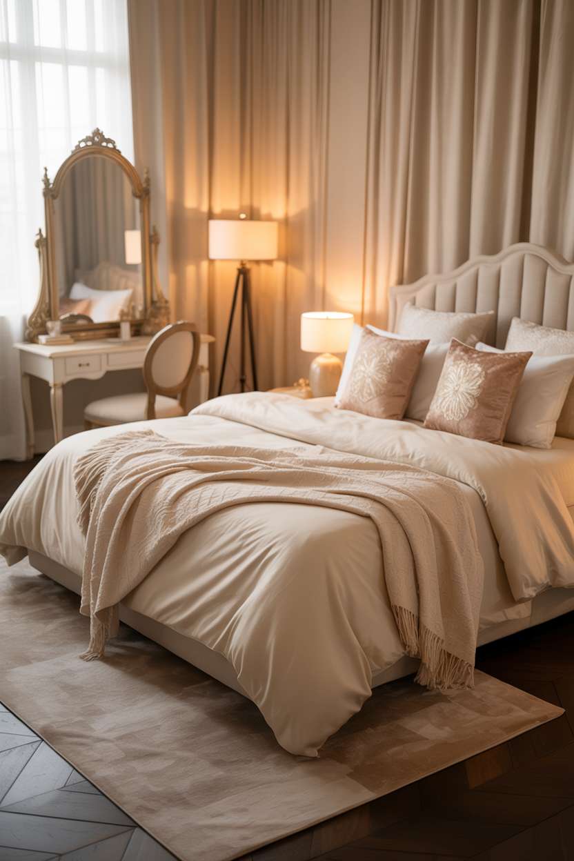 25 Dreamy Grown Woman Bedroom Ideas for Daily Luxury 9 Bed with cream linens and blush pink pillows, ornate vanity mirror, and beige area rug