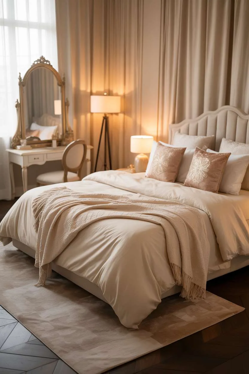 Bed with cream linens and blush pink pillows, ornate vanity mirror, and beige area rug