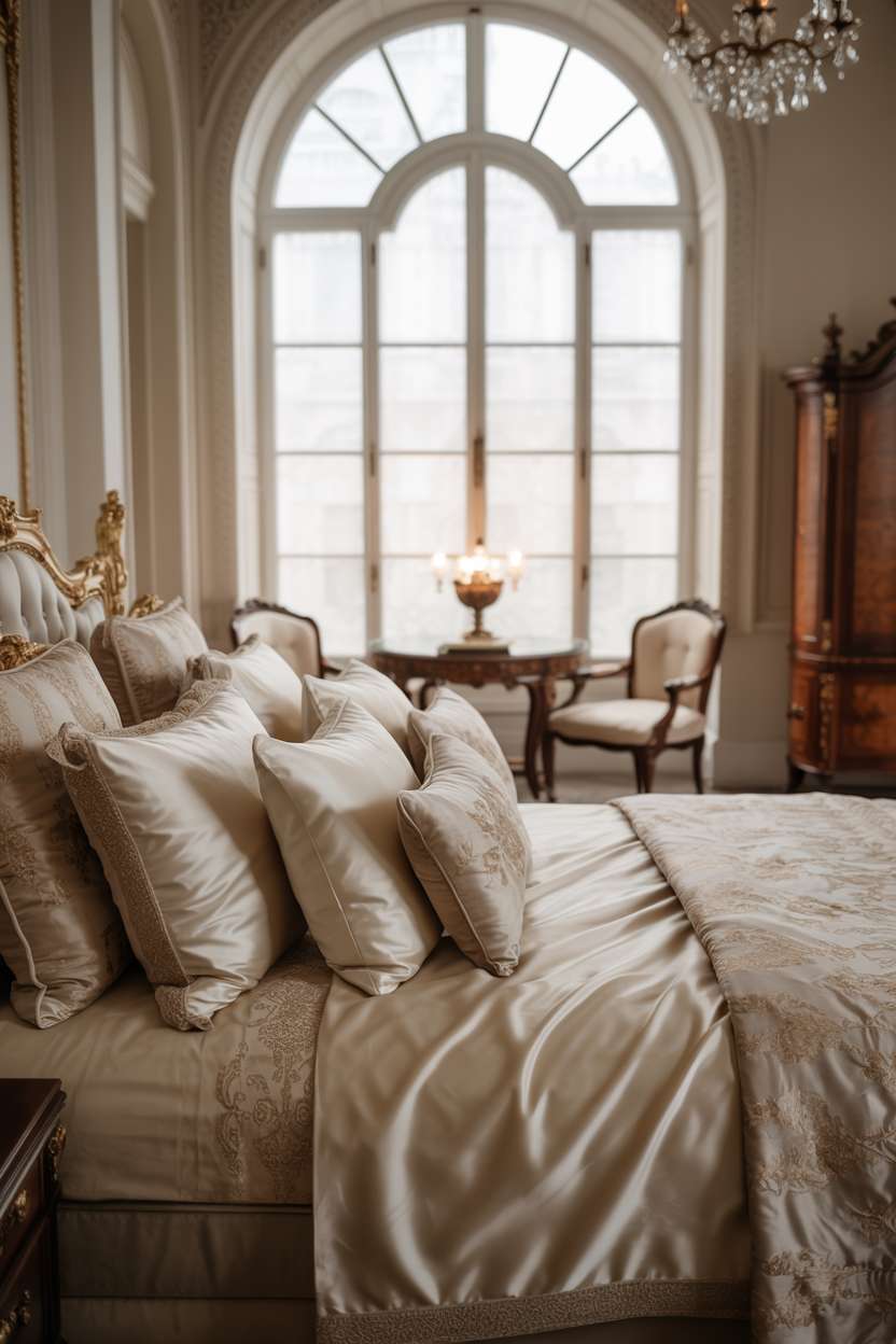 25 Dreamy Grown Woman Bedroom Ideas for Daily Luxury 10 King-sized bed with ivory silk bedding, crystal chandelier, and antique mahogany furniture