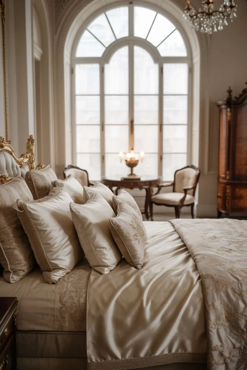 King-sized bed with ivory silk bedding, crystal chandelier, and antique mahogany furniture
