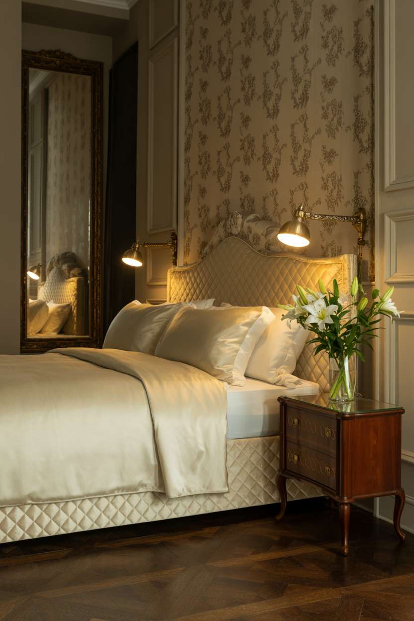 25 Dreamy Grown Woman Bedroom Ideas for Daily Luxury 11 King-sized bed with quilted velvet headboard, antique brass lamps, and floral wallpaper