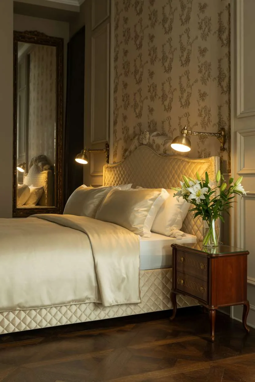 King-sized bed with quilted velvet headboard, antique brass lamps, and floral wallpaper