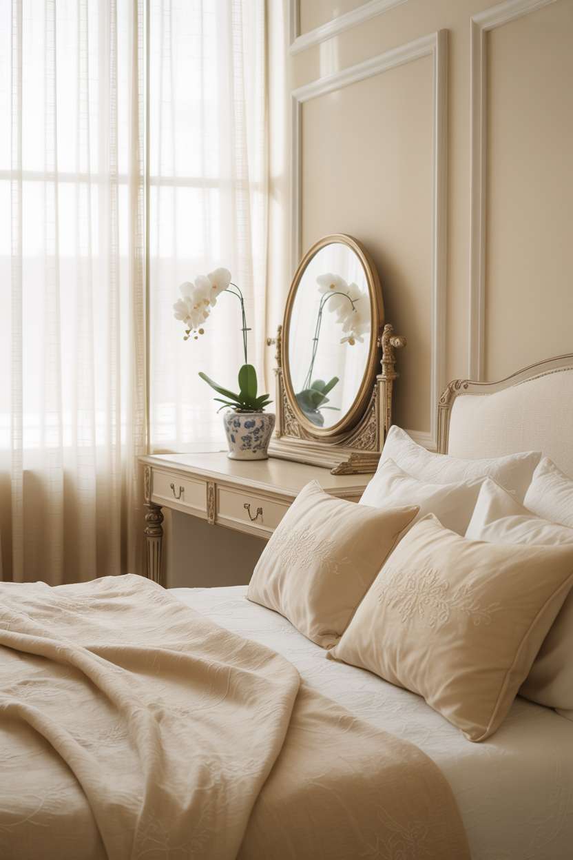 25 Dreamy Grown Woman Bedroom Ideas for Daily Luxury 12 King-size bed with ivory linens and vintage vanity with round mirror and white orchid