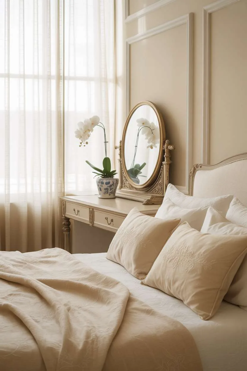King-size bed with ivory linens and vintage vanity with round mirror and white orchid