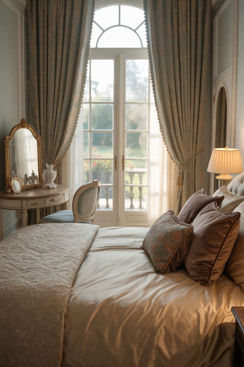 25 Dreamy Grown Woman Bedroom Ideas for Daily Luxury 13 King-sized bed with silk duvet and jewel-tone pillows, floor-to-ceiling curtains, garden view