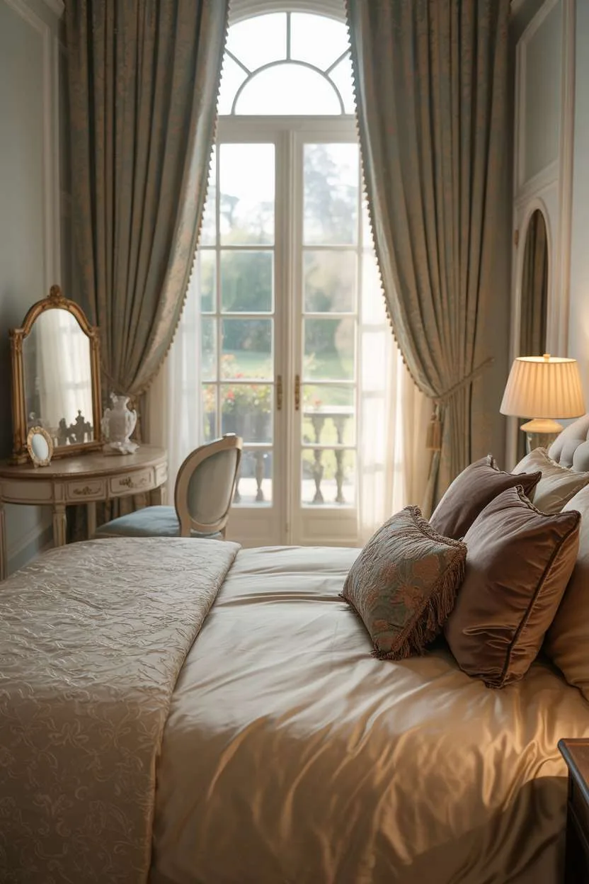 King-sized bed with silk duvet and jewel-tone pillows, floor-to-ceiling curtains, garden view
