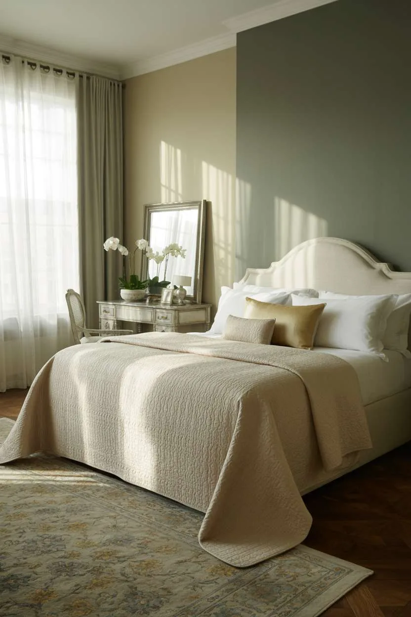 King-sized bed with cream linens and gold pillows, antique vanity, Persian rug, grey accent wall