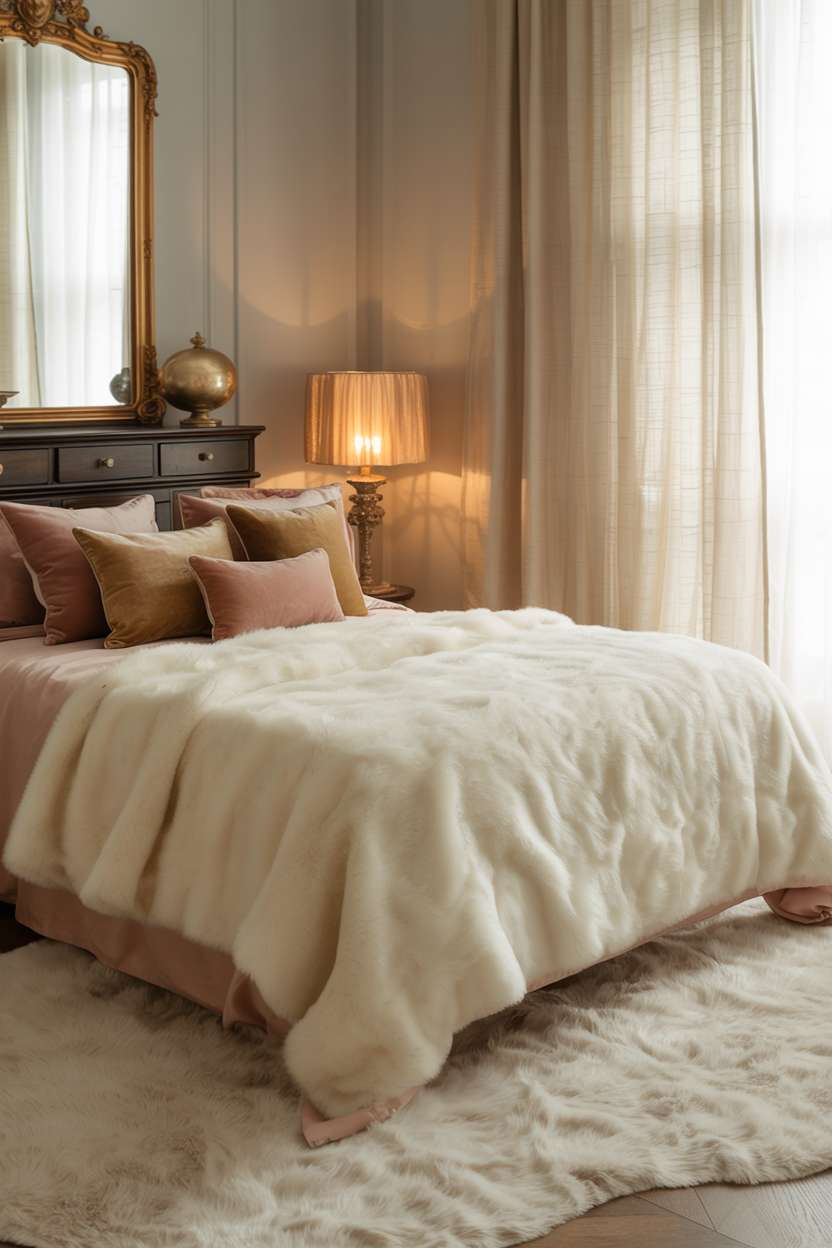 25 Dreamy Grown Woman Bedroom Ideas for Daily Luxury 15 Queen-sized bed with ivory duvet and dusty rose pillows, ornate gold mirror, dark wood vanity