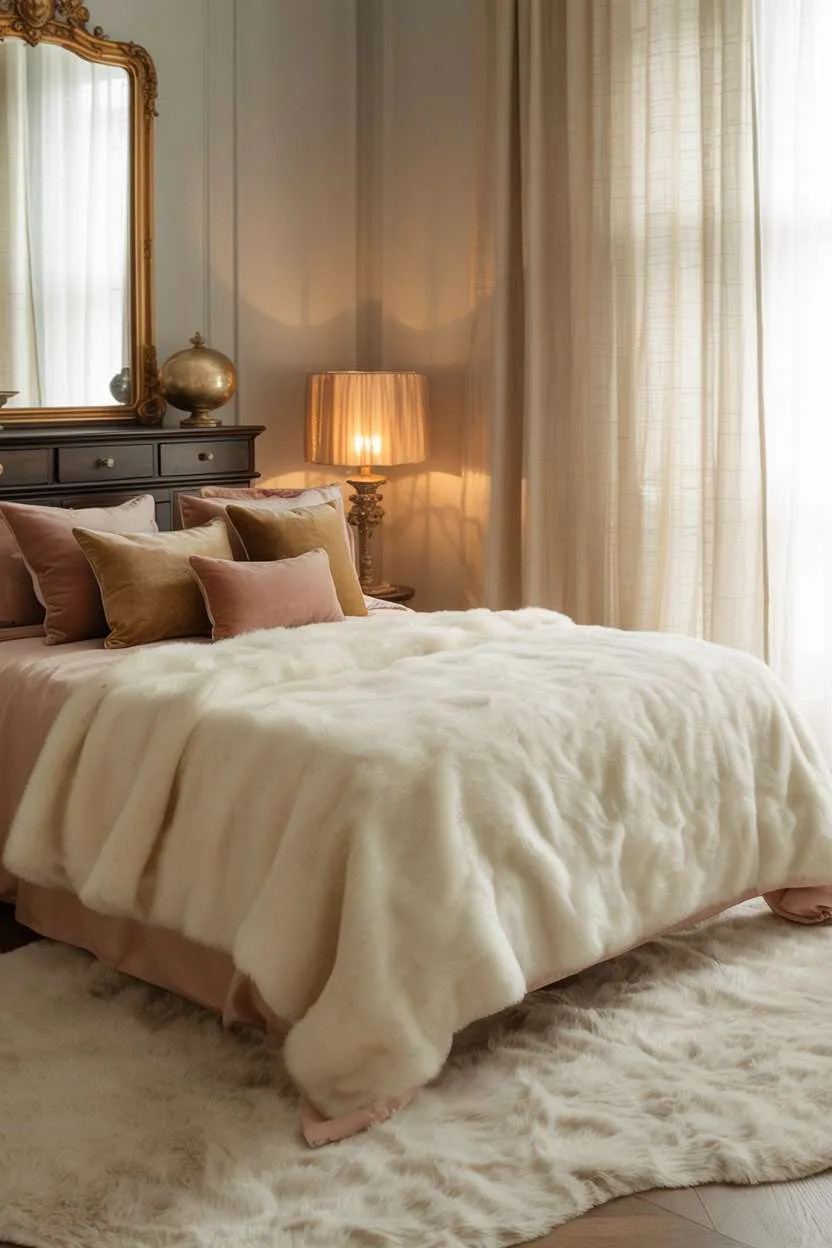Queen-sized bed with ivory duvet and dusty rose pillows, ornate gold mirror, dark wood vanity