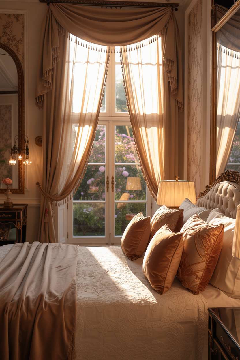 25 Dreamy Grown Woman Bedroom Ideas for Daily Luxury 16 King-sized bed with cream linens and velvet pillows, antique mirror reflecting garden view