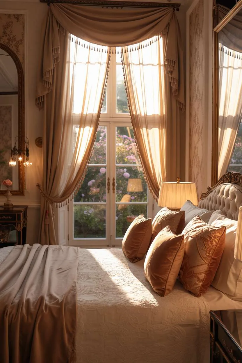 King-sized bed with cream linens and velvet pillows, antique mirror reflecting garden view
