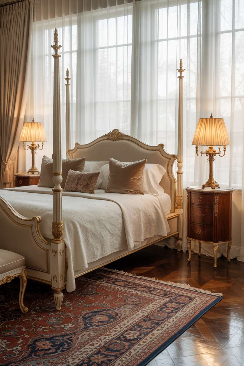 25 Dreamy Grown Woman Bedroom Ideas for Daily Luxury 17 Grand four-poster bed with white linens, mahogany nightstands, and Persian rug on hardwood