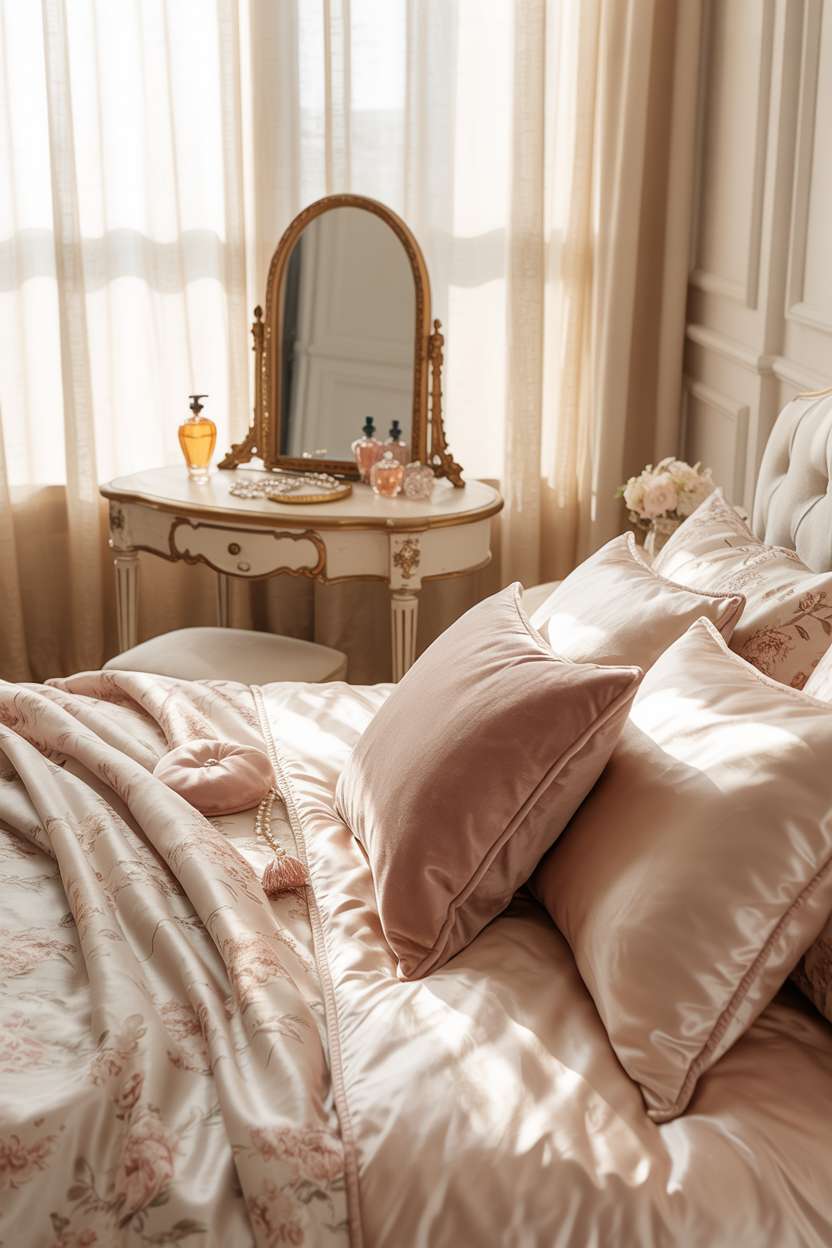 25 Dreamy Grown Woman Bedroom Ideas for Daily Luxury 18 King-sized bed with silk sheets and blush pillows, gilded vanity mirror with antique perfume bottles