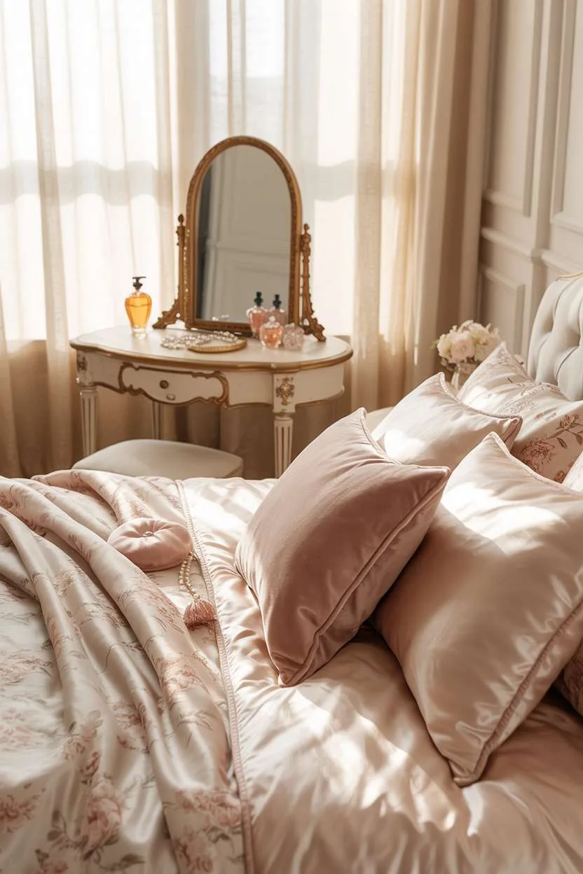 King-sized bed with silk sheets and blush pillows, gilded vanity mirror with antique perfume bottles