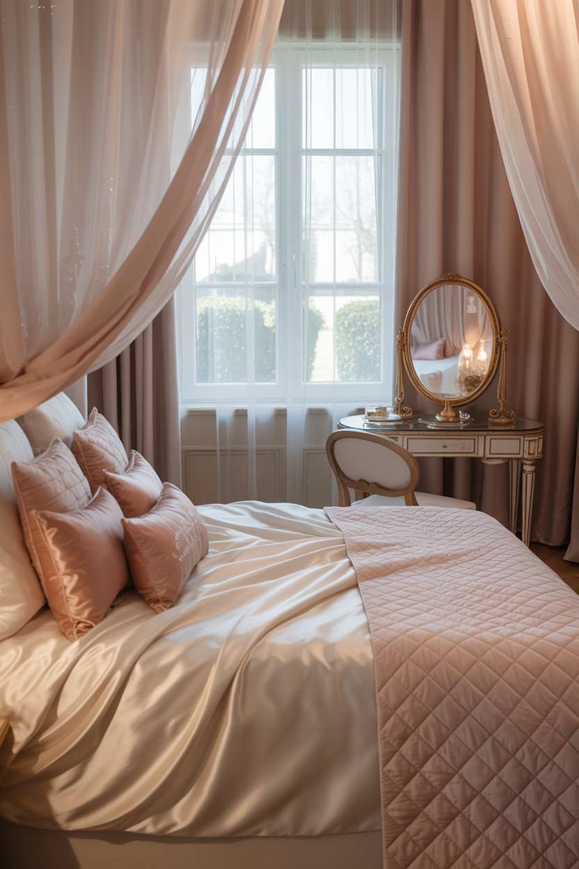 25 Dreamy Grown Woman Bedroom Ideas for Daily Luxury 19 King-size bed with ivory silk bedding and pink pillows, gold-framed vanity mirror, garden view