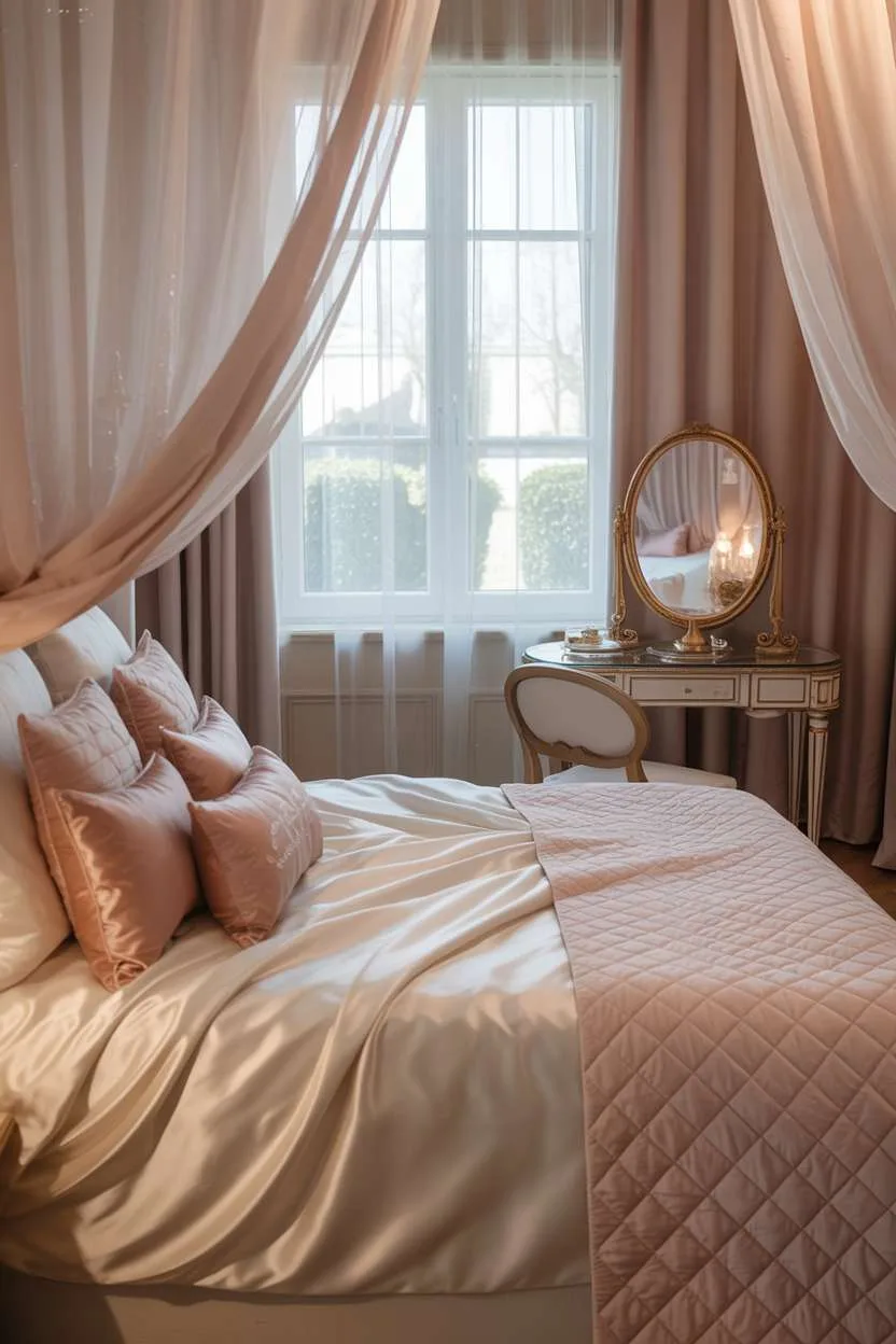 King-size bed with ivory silk bedding and pink pillows, gold-framed vanity mirror, garden view
