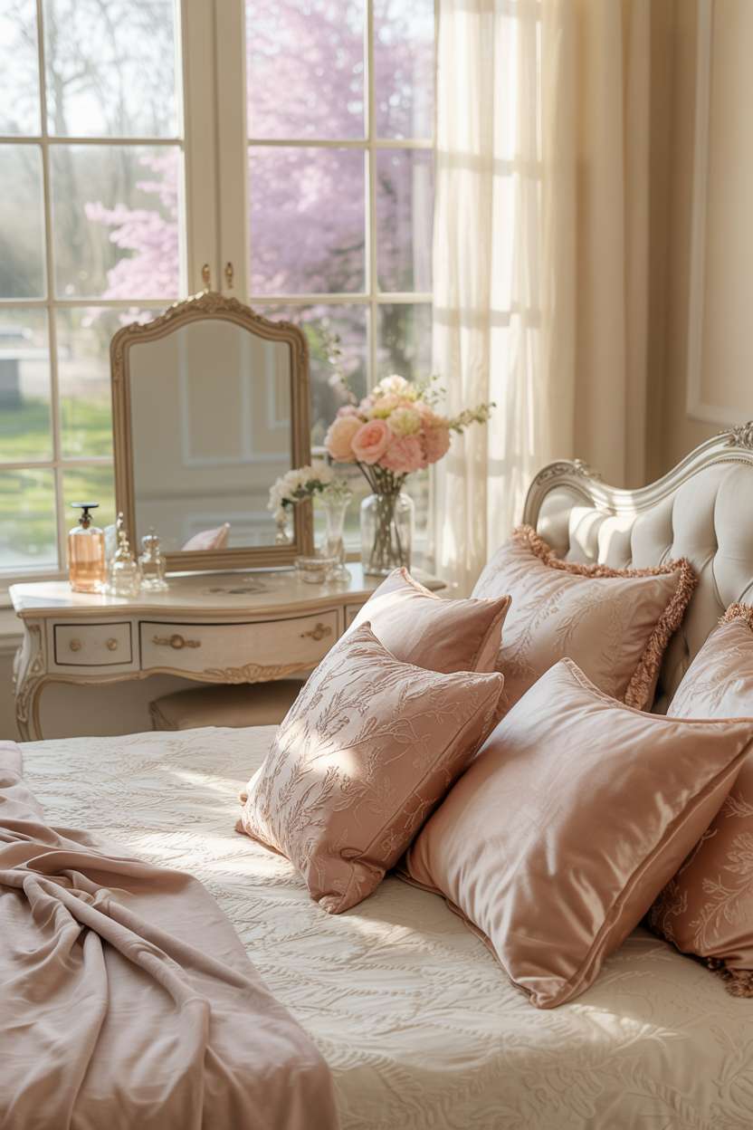 25 Dreamy Grown Woman Bedroom Ideas for Daily Luxury 20 Queen-sized bed with ivory duvet and champagne gold pillows, vintage vanity with silver mirror