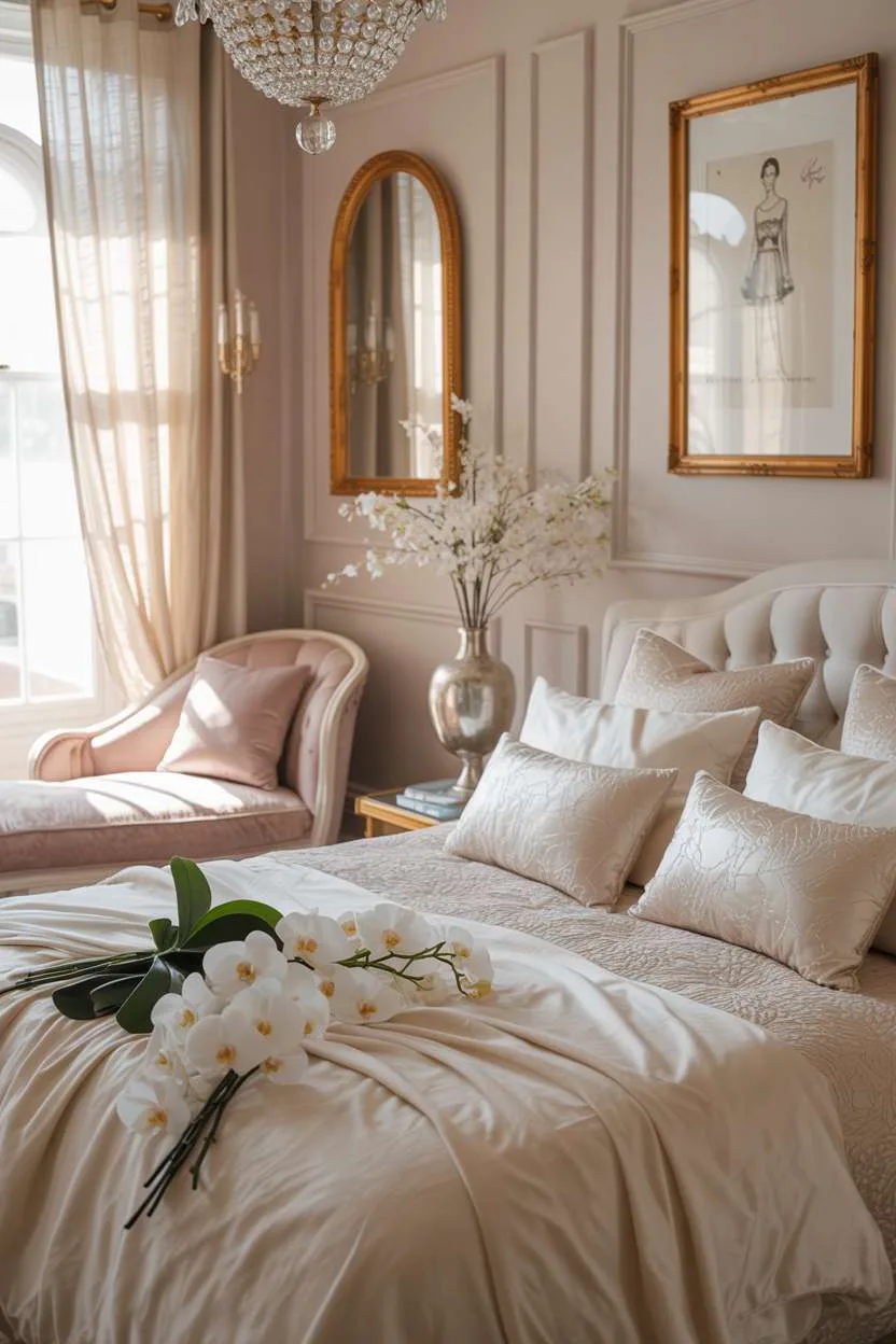 King-size bed with cream silk bedding, blush pink walls, crystal chandelier, velvet chaise