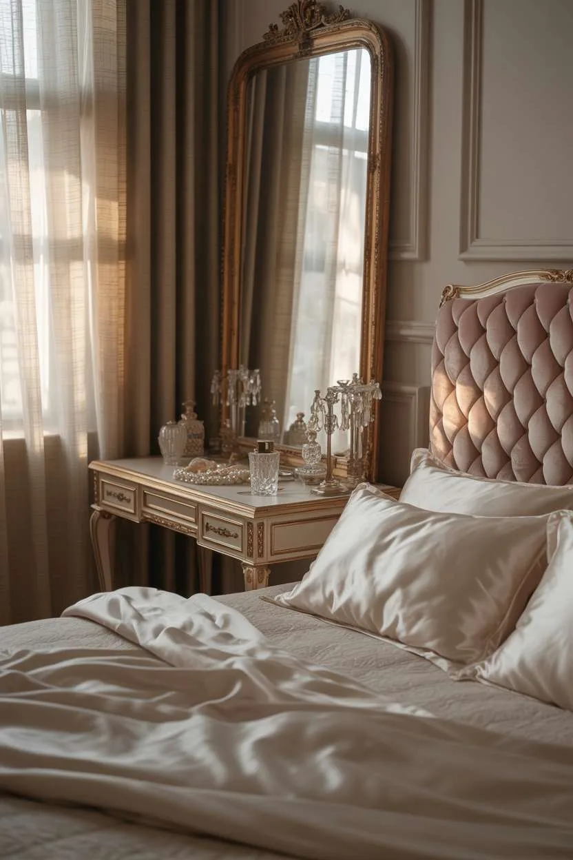 King-sized bed with rose velvet headboard, ivory silk sheets, ornate gold mirror, crystal perfume bottles