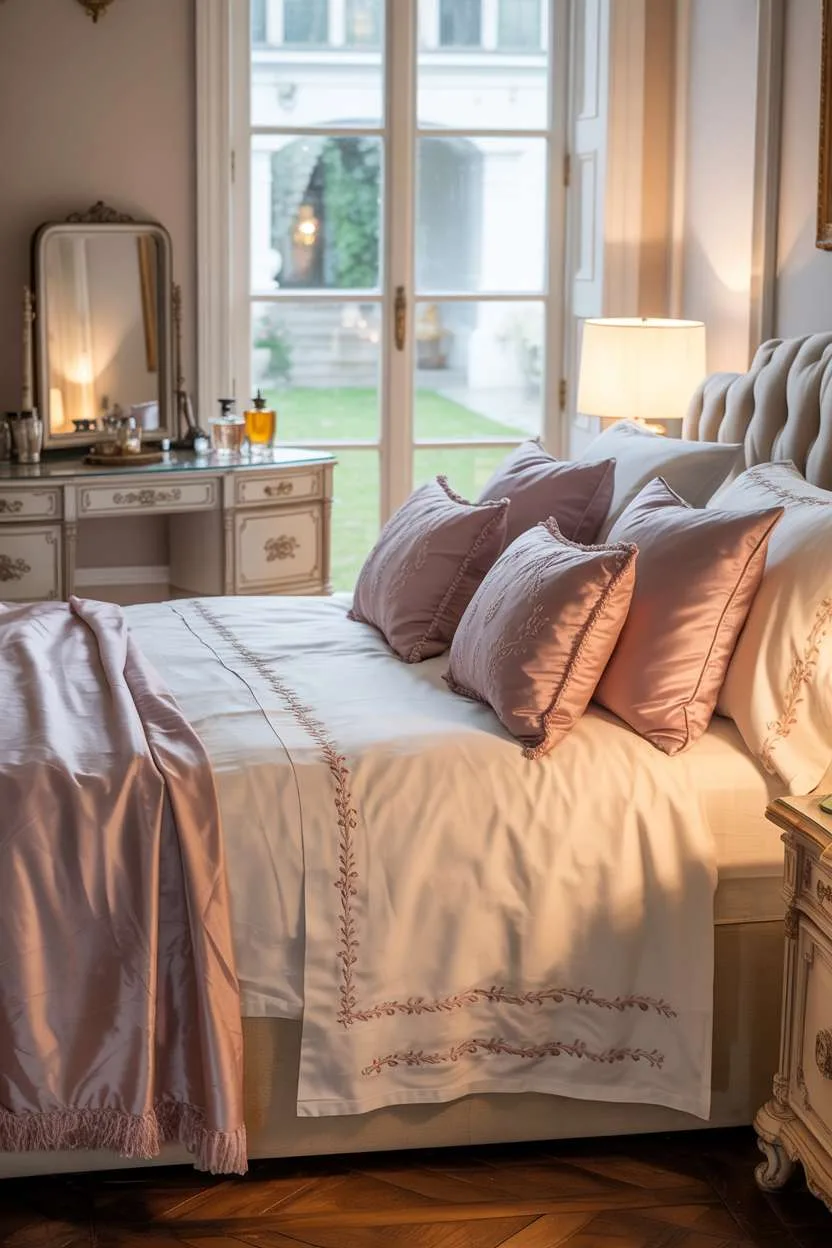 King-sized bed with embroidered cream linens and blush pillows, vintage vanity, lavender walls