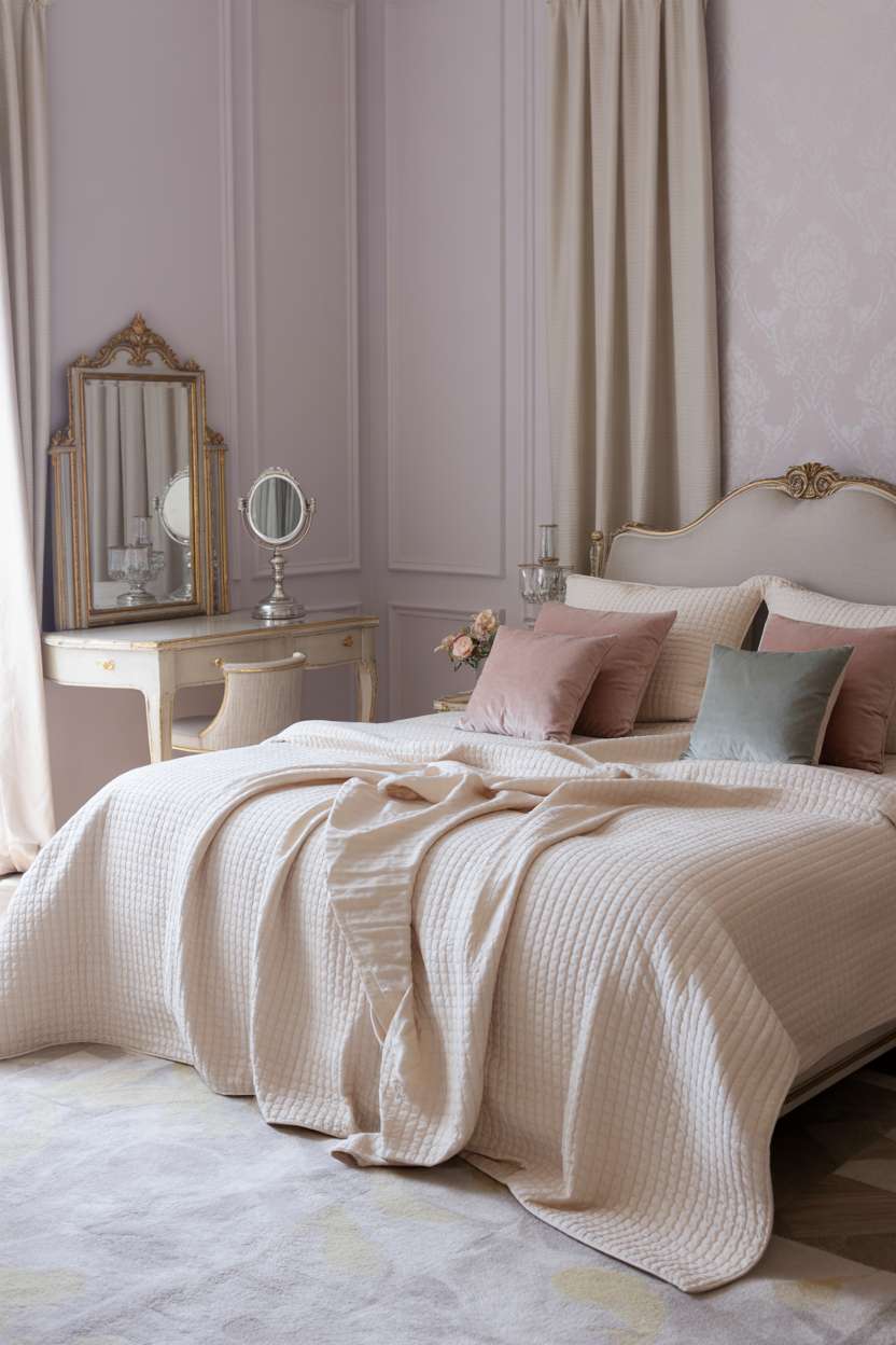 25 Dreamy Grown Woman Bedroom Ideas for Daily Luxury 24 King-sized bed with cream duvet and velvet pillows, gilded vanity mirror, damask wallpaper