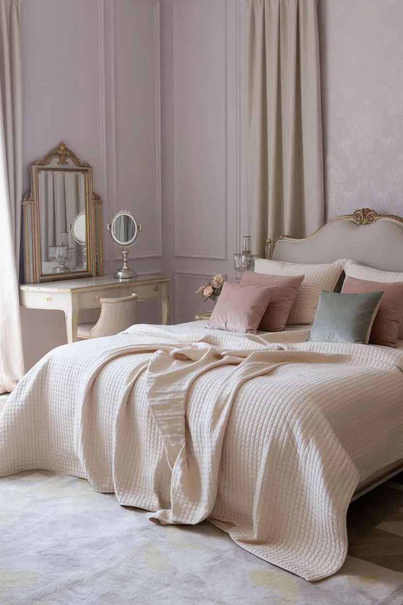 King-sized bed with cream duvet and velvet pillows, gilded vanity mirror, damask wallpaper