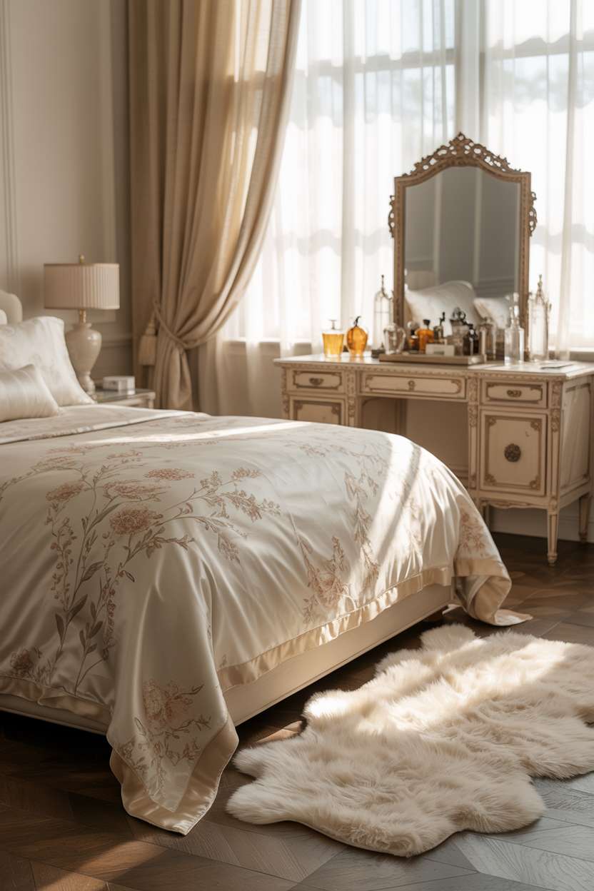 25 Dreamy Grown Woman Bedroom Ideas for Daily Luxury 25 King-sized bed with ivory silk bedding and floral patterns, antique vanity with perfume bottles, Persian rug