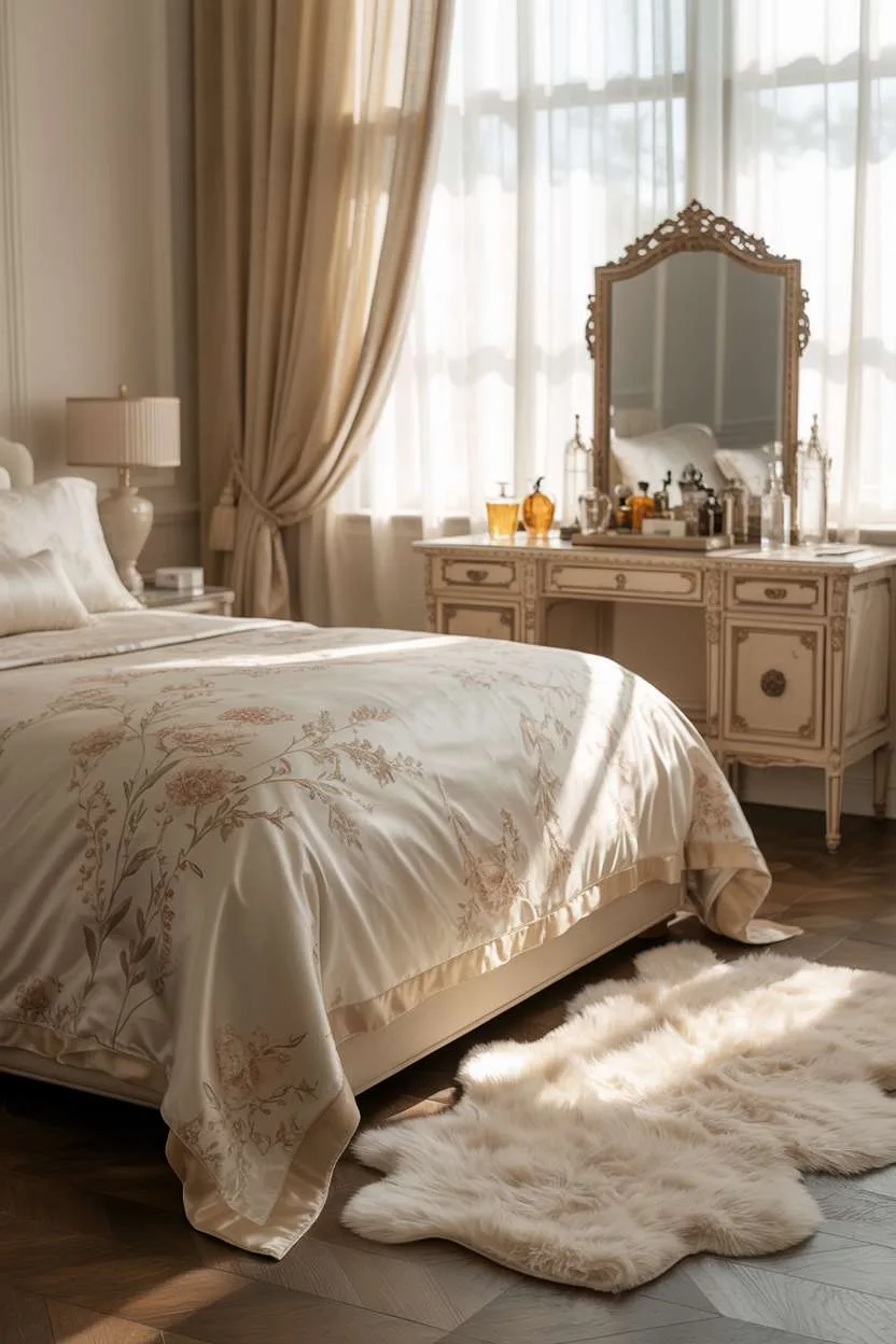 King-sized bed with ivory silk bedding and floral patterns, antique vanity with perfume bottles, Persian rug