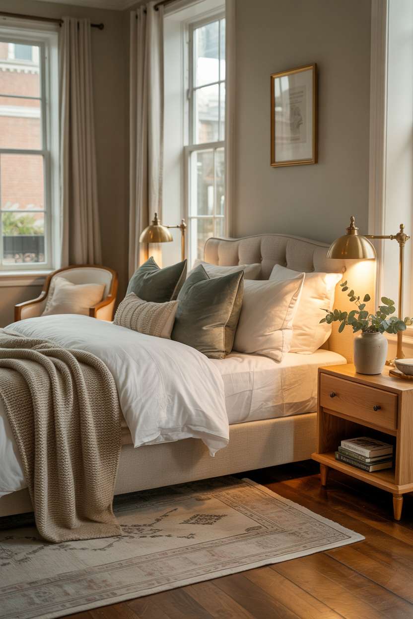 Guest bedroom with linen upholstered headboard, textured bedding, and brass lighting