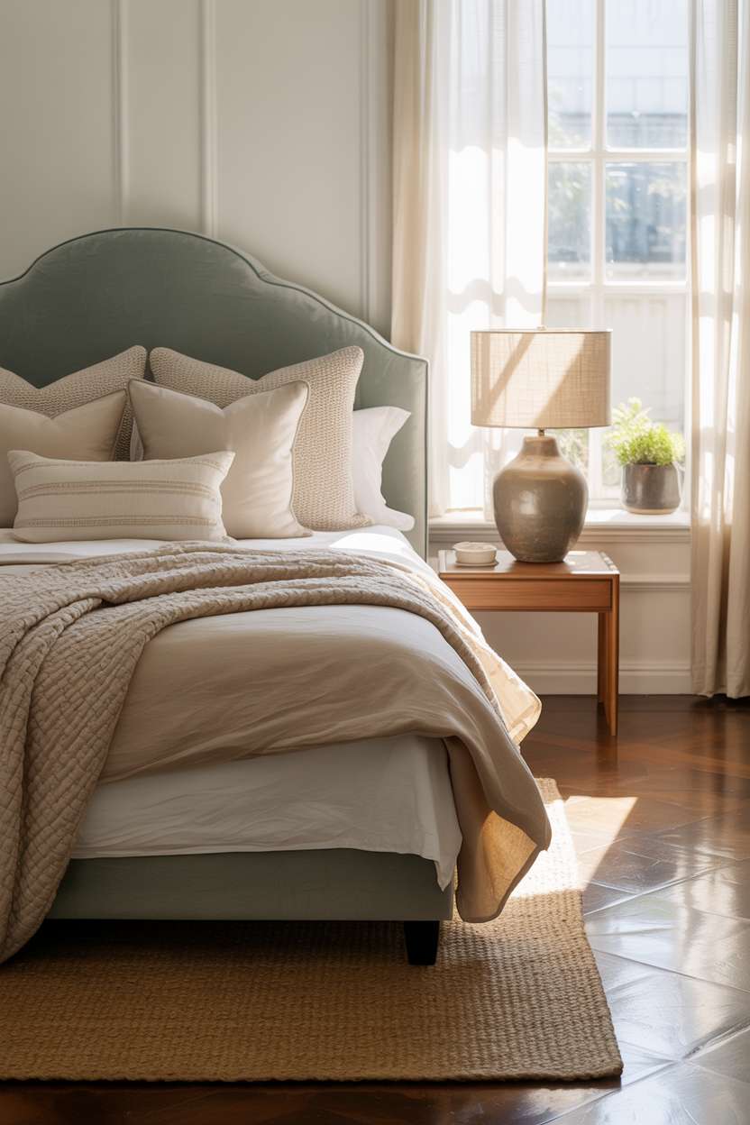 Guest room with sage green velvet headboard and neutral layered bedding