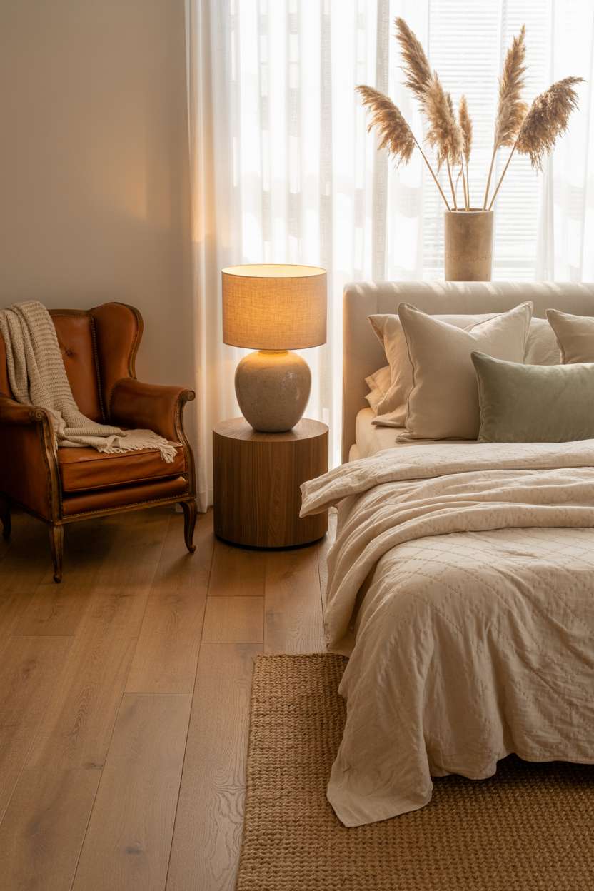 Cozy guest bedroom featuring vintage leather armchair and cream linen bedding
