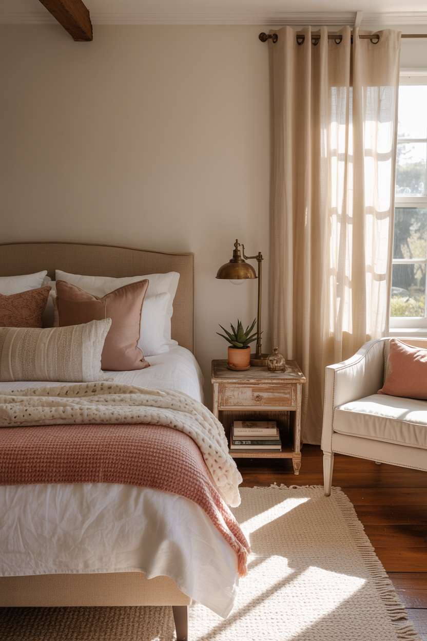 Inviting guest bedroom with dusty rose throw blanket and earth tone pillows