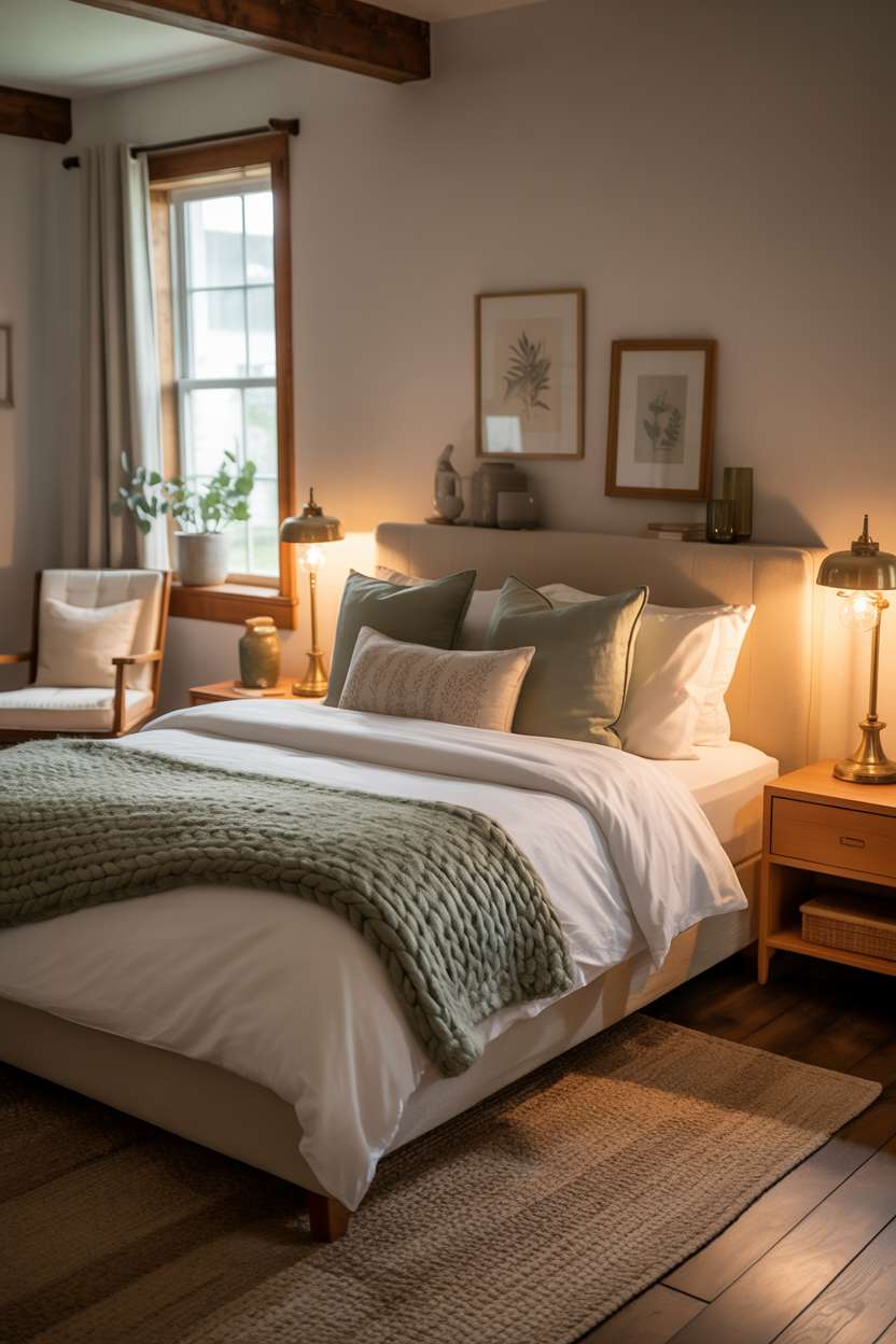Guest bedroom featuring wooden ceiling beams and botanical wall art