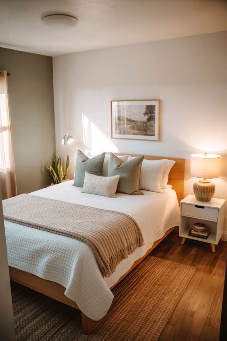 10 Stylish Guest Bedroom Ideas on a Budget That Impress 1 A cozy budget guest bedroom with white bedding, sage green pillows, a light oak bed frame, jute rug, and warm greige accent wall