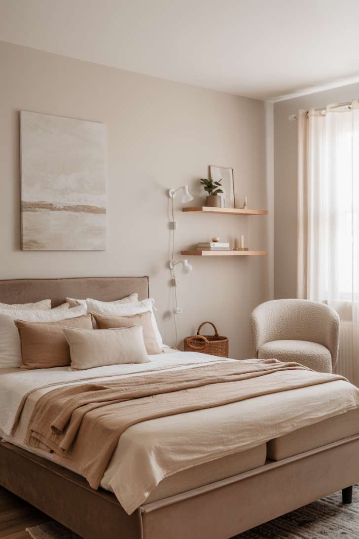 10 Stylish Guest Bedroom Ideas on a Budget That Impress 3 A minimalist Scandinavian-inspired guest bedroom with floating wood shelves, wall-mounted sconces, boucle chair, and sheer curtains