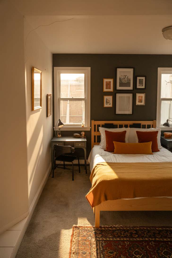 10 Stylish Guest Bedroom Ideas on a Budget That Impress 4 A moody guest bedroom with a charcoal accent wall, white bedding, rust and mustard pillows, gallery wall of thrifted frames, and golden evening light