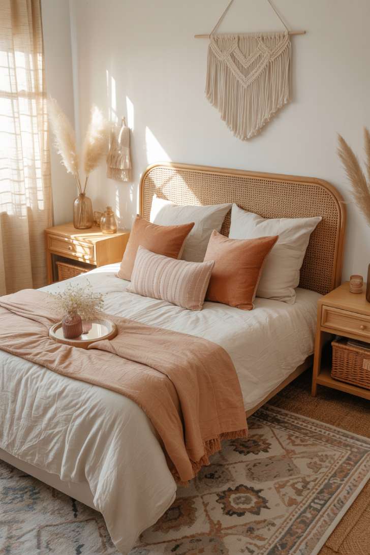 10 Stylish Guest Bedroom Ideas on a Budget That Impress 5 A bright boho guest bedroom with a rattan headboard, terracotta and blush pillows, macramé wall hanging, pampas grass, and Moroccan-influenced rug