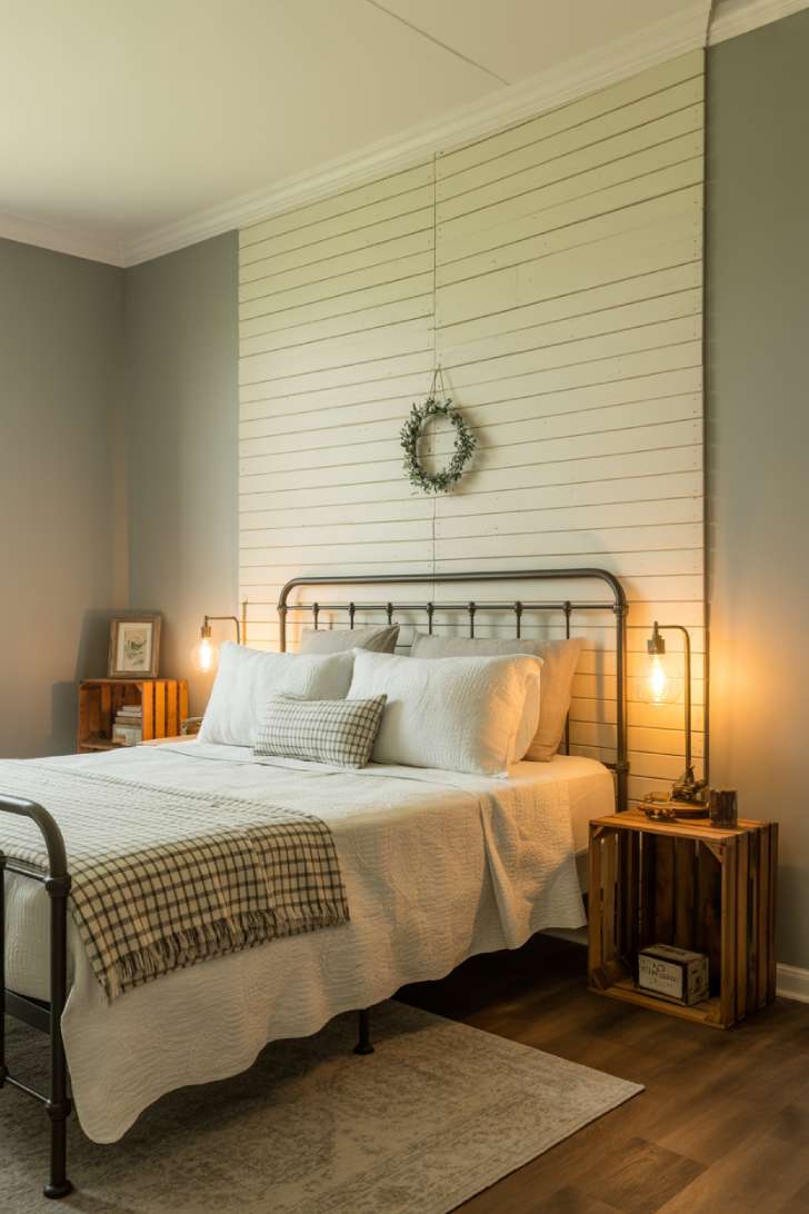 10 Stylish Guest Bedroom Ideas on a Budget That Impress 6 A farmhouse-style guest bedroom with a shiplap peel-and-stick accent wall, black iron bed frame, gingham bedding, wooden crate nightstand, and morning light