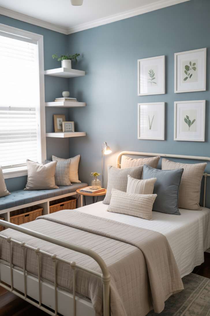 10 Stylish Guest Bedroom Ideas on a Budget That Impress 7 A compact guest bedroom with a white metal daybed, floating corner shelves, a storage bench under the window, and pale blue-gray walls with botanical prints
