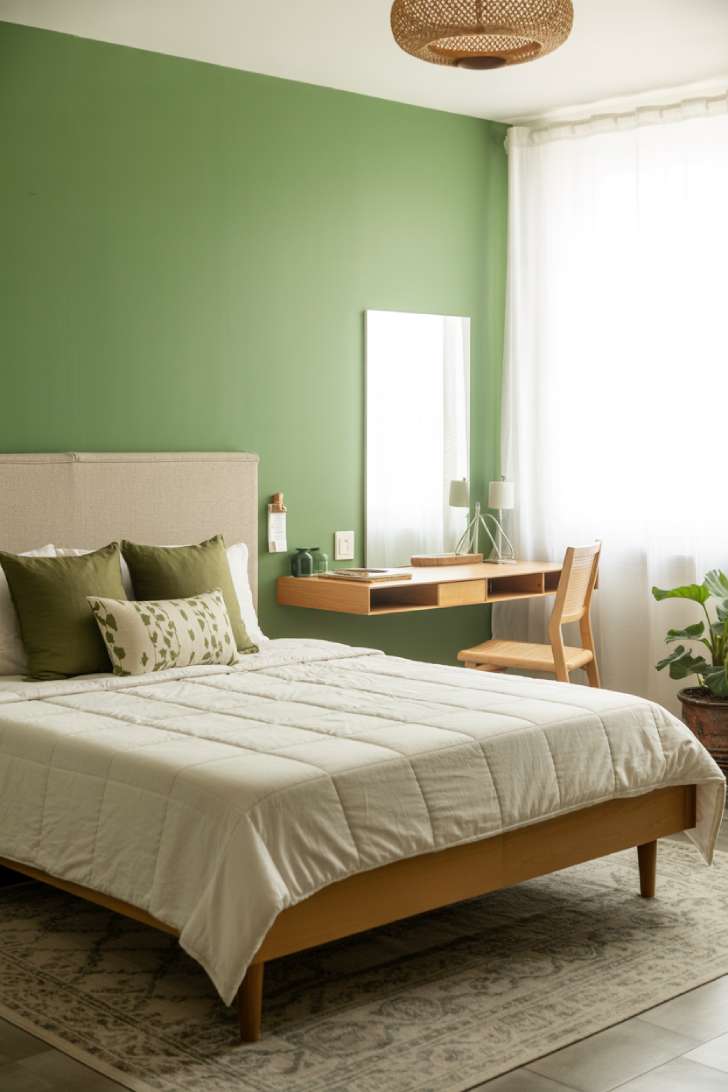10 Stylish Guest Bedroom Ideas on a Budget That Impress 8 A fresh guest bedroom with a soft green accent wall, simple wood bed frame, olive patterned pillows, woven pendant light, and sheer curtains