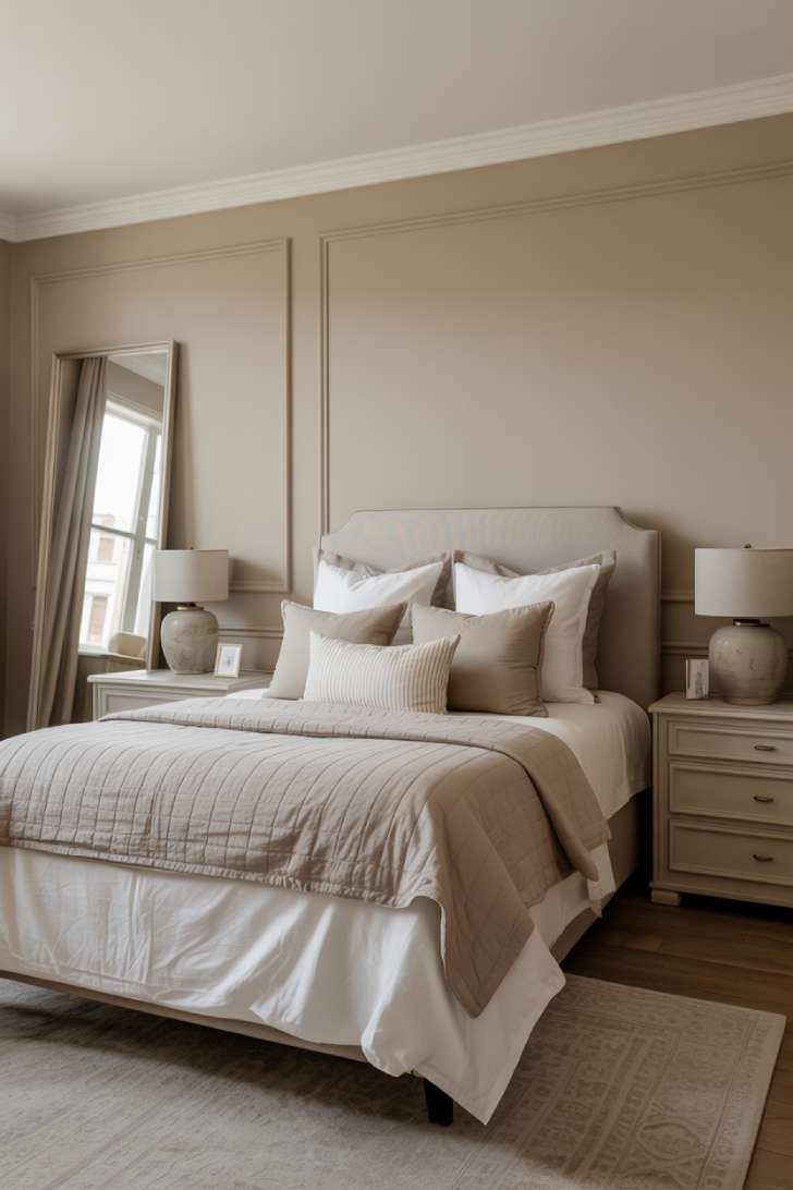10 Stylish Guest Bedroom Ideas on a Budget That Impress 9 A transitional guest bedroom with soft beige walls, a light gray upholstered headboard, matching ceramic lamps, wall molding detail, and a large leaning mirror