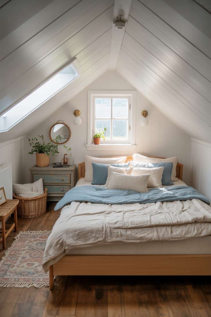 10 Stylish Guest Bedroom Ideas on a Budget That Impress 10 A small attic guest bedroom with white sloped ceilings, a low wood bed frame, cream and blue layered bedding, wall-mounted sconces, a small dresser, and skylight