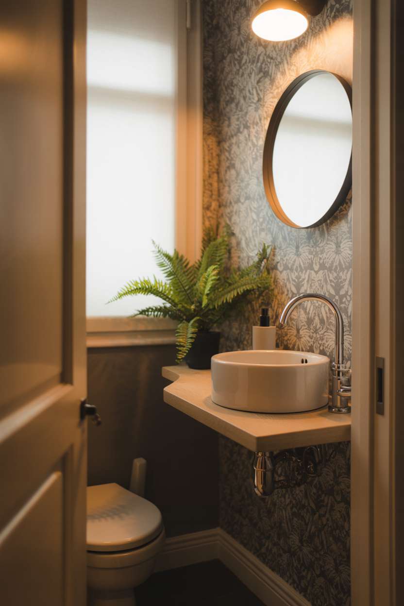 38 Inspiring Half Bathroom Ideas to Upgrade Small Spaces 43 Stylish half bathroom with round white sink, patterned floral wallpaper, and circular mirror