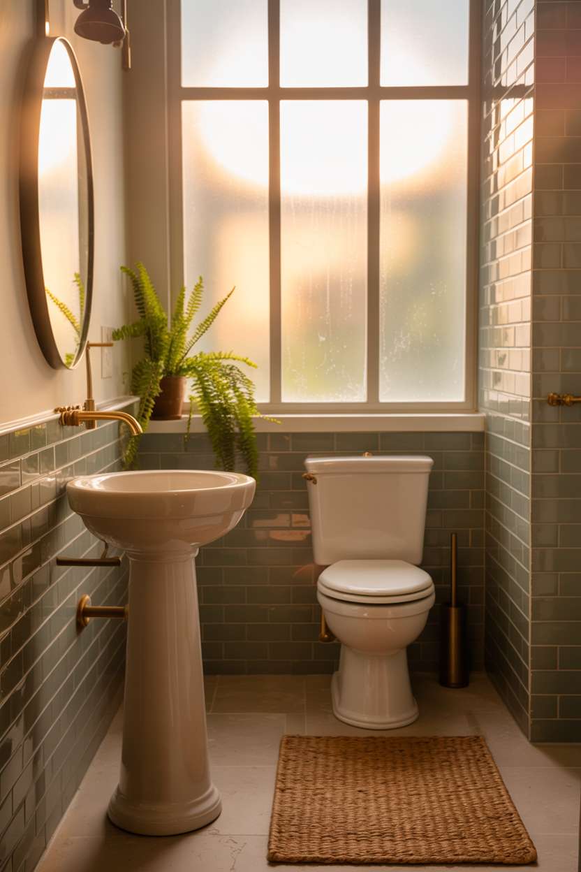 38 Inspiring Half Bathroom Ideas to Upgrade Small Spaces 44 Compact half bathroom with freestanding porcelain sink, brushed gold fixtures, and seagrass rug