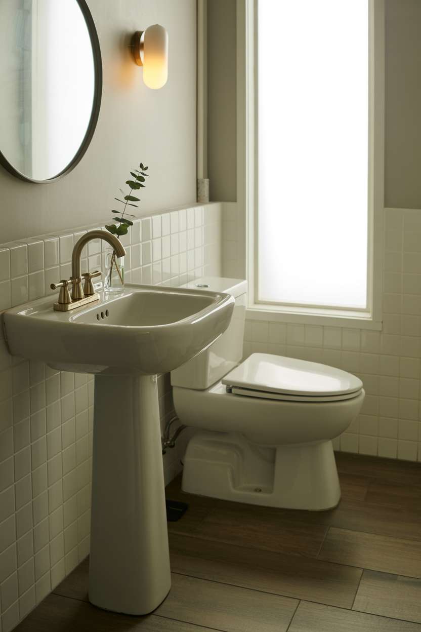 38 Inspiring Half Bathroom Ideas to Upgrade Small Spaces 45 Modern half bathroom featuring a white pedestal sink with brushed gold faucet and an eucalyptus accent