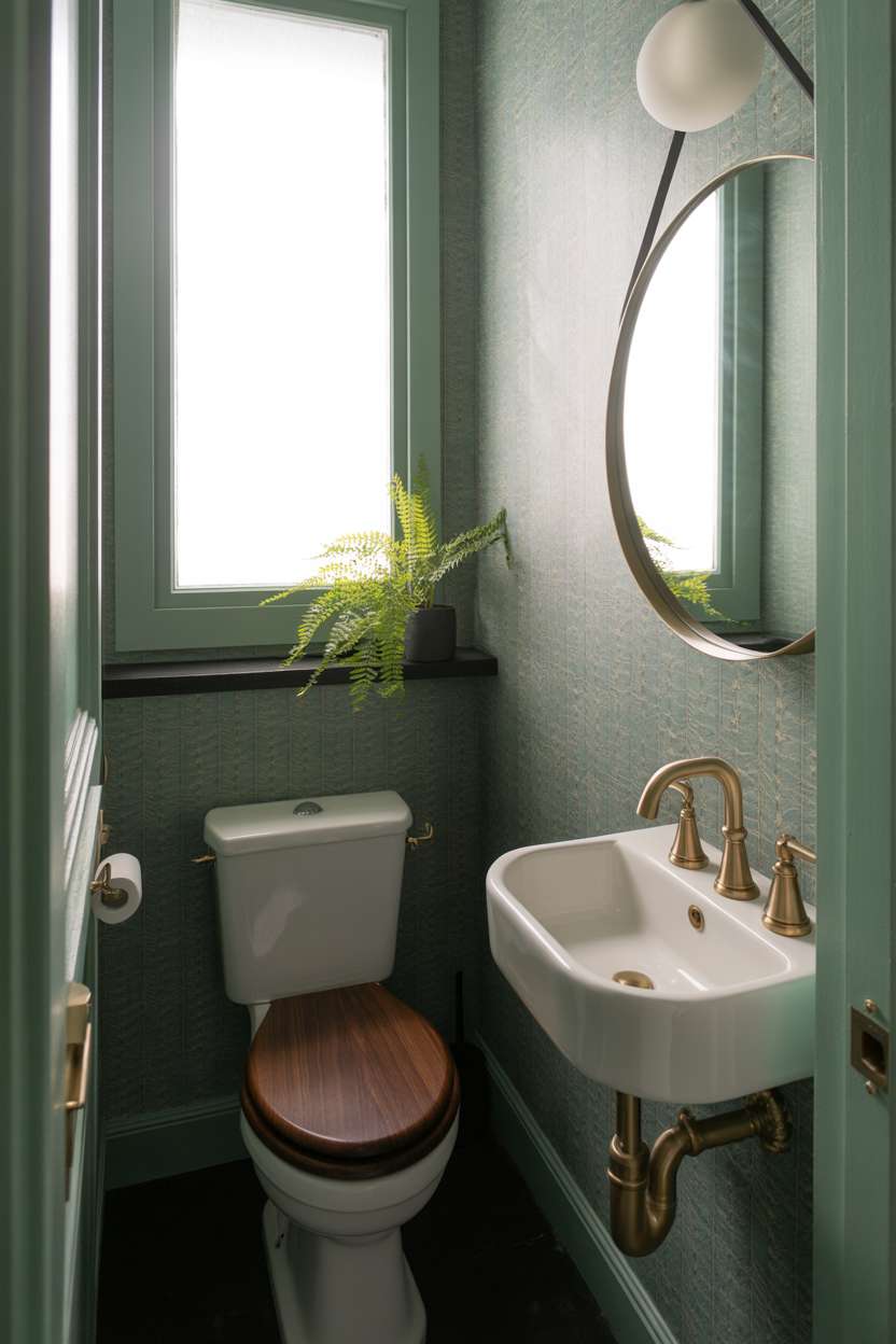 38 Inspiring Half Bathroom Ideas to Upgrade Small Spaces 46 Half bathroom with bold teal patterned wallpaper, circular mirror, and white ceramic sink