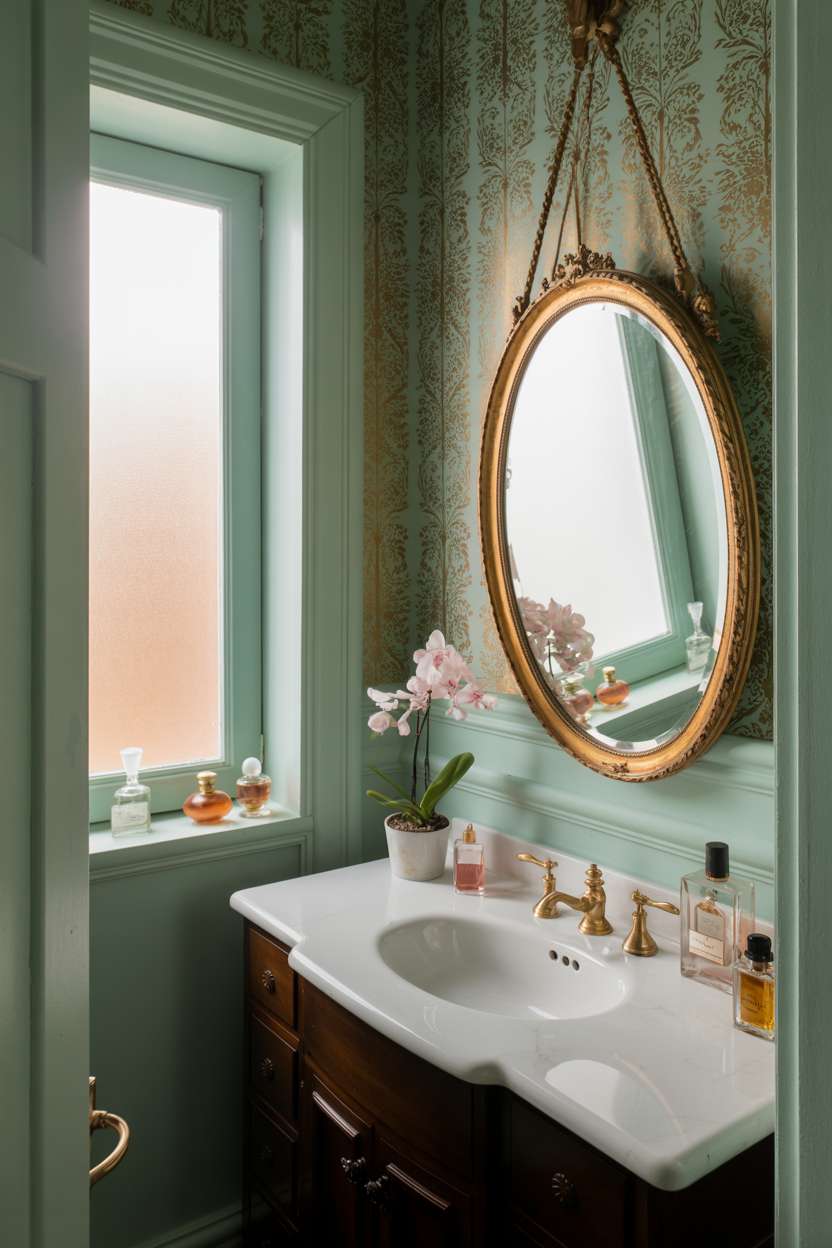 38 Inspiring Half Bathroom Ideas to Upgrade Small Spaces 48 Elegant half bathroom with pale teal walls, gold wallpaper, and antique perfume bottle collection